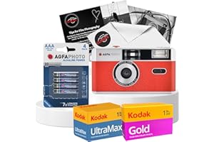 35mm Film Camera Bundle with AgfaPhoto 35mm Reusable Film Camera, Camera Film Kodak Ultramax 400 36exp, Kodak Gold 200 36exp, Battery and Clikoze Lens Cloth with Camera Photography Tips Card (Red)