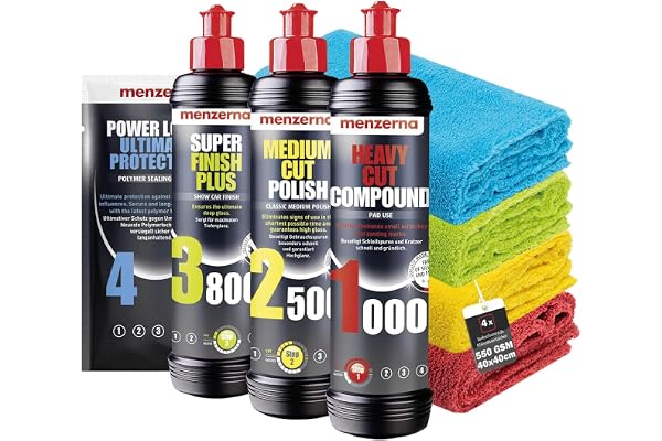 Menzerna Kit de Polissage pour Voiture : Menzerna Heavy Cut Compound 1000 + Medium Cut Compound 2500 + Super Finish Plus 3800 + Power Lock Sachet 20ml + 4X Chiffon Microfibre 40x40cm