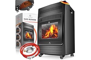 KESSER® Gasheizer Gasheizofen Heizstrahler 3,4 kW Gas Kamin inkl. Gasdruckregler & Gasschlauch, 2 Heizstufen Infrarot 3400W Gasheizstrahler Gasheizung Butan- oder Propangasflaschen bis 11kg Schwarz