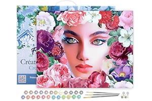 Figured'Art Dipingere con i Numeri con Telaio - Paint by Numbers Viso incorniciato dai fiori, Passatempo per Adulti, Kit Completo, Hobby Creativi - Quadri fai da te 40x50cm Tela Già Incorniciata