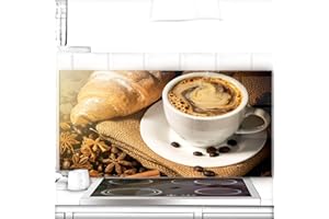 URBO ART – HOME DESIGN Crédence de cuisine en verre - 100x60 cm - Protection contre les éclaboussures - Derrière plaque de cuisson, Planche à découper - Motif: Tasse blanche avec café v01