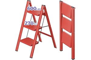 JOISCOPE 3 Step Ladder 270 KG Load Capacity Folding Step With Anti Slip Wide Treads, Lightweight Folding Ladder, Portable Foldable Stool, Multifunctional Small Step Ladder for Indoor/Outdoor, Red