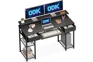 ODK Biurko z szufladami, 120 x 48 x 90 cm, biurko ze zdejmowaną półką, biurko komputerowe, czarne biurko z półką na klawiaturę i stojakiem na monitor, stół gamingowy do domowego biura