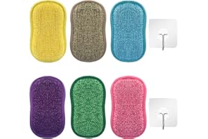 XIAOMAOMAO Éponges à récurer, 6 pièces avec 2 crochets, tampons à récurer de cuisine en microfibre, éponges double face, tampons à récurer, lavables, réutilisables