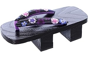 KAWAII-STORY K-G-25-3 Sandales japonaises à double talon, motif fleurs violettes, sakake, noir