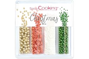 ScrapCooking - Décors Sucrés « Xmas Mix » 70 g - Assortiment 4 Variétés : Perles Dorées, Billes Vertes, Étoiles Rouges, Vermicelles Blancs - Décorations Bûche, Gâteau, Cupcakes, Déco Table Noël - 7520