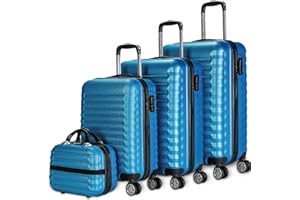NEWTECK NUMADA - Lot de 4 Valises (53/63/75cm) et Trousse de Toilette Mod Blau, ABS, Rigide, Résistant, 4 Doubles Roues, Léger, Serrure à Combinaison latérale