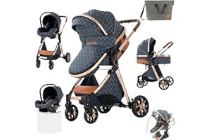 Prokoke Kinderwagen 3 in 1, Buggy mit Umkehrbarem Zwei-Wege-Schub, Kinderwagen Rahmen Aluminiumlegierung, Kombikinderwagen 3 in 1 Einem Klick Faltbar Baby Kleinkind Neugeborene (225 Denim Blue)