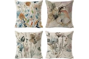 HIQE-FL 4 poszewki na poduszkę 45 x 45 cm – dekoracyjna poszewka na poduszkę z malowaniem tuszem, do użytku na zewnątrz, len, na sofę, do samochodu, biura, kawiarni, ogrodu, pokoju