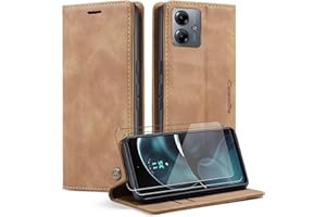 SLWYF Handyhülle für Moto G14 Hülle +2 Stück Panzerglas Schutzfolie, Premium Leder Brieftasche Schutzhülle [Kartenfach][Stand] für Moto G14,Braun