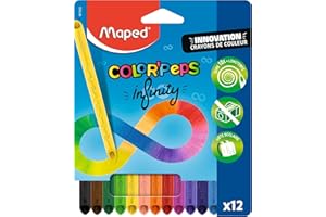 Maped - Crayons de Couleur Color'Peps Infinity - 100% Mine, 100% Utilisable - Zéro Déchet - Sans Taillage - Dure Très Longtemps - Forme Triangulaire Ergonomique - Pochette de 12 Crayons