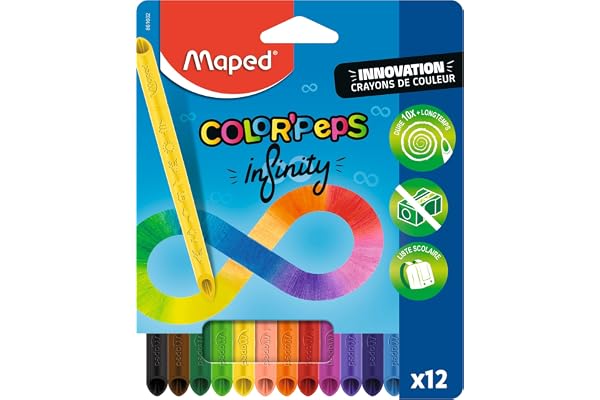 Maped - Crayons de Couleur Color'Peps Infinity - 100% Mine, 100% Utilisable - Zéro Déchet - Sans Taillage - Dure Très Longtemps - Forme Triangulaire Ergonomique - Pochette de 12 Crayons