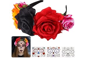 Herefun Cerchietto Rose Rosse, Dia de Los Muertos Fascia, Giorno dei Morti Rose Rosse Halloween, Ghirlanda di Capelli di Rosa, Accessori per Carnevale, Feste, Festival di Halloween Copricapo