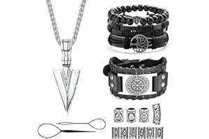 ADRAMATA Naszyjnik wikingów dla mężczyzn, zestaw bransoletek wikingów, młotek, wisiorek, naszyjnik, broda wikingów, koraliki do włosów, plecione skórzane bransoletki dla mężczyzn, bransoletki,