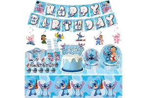 Dekewe 94PCS Party Tableware Stitch Birthday Decorations with Party Plates Cups and Napkins Birthday Banner Cake Topper, Party Decorations Party Supplies for Kids Boys Girls, 10 Guests, Blue