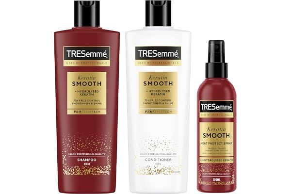 TRESemmé Keratin Smooth Coffret Shampooing, Après-Shampooing et Spray Thermoprotecteur, Cheveux Lisses, Brillants et Doux, Anti-Frisottis Jusqu'à 72H, Protection Jusqu'à 230°C, 400ml + 400ml + 200ml