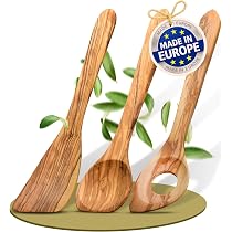 Lot De 3 Cuillères En Bois D'Olivier - Spatule, Cuillère à Risotto & Cuillère Classique - Ustensiles Cuisine Durables Fabriqués En Europe