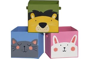 SONGMICS Scatole Portaoggetti per Bambini, 30 x 30 x 30 cm, Set di 3 Contenitori Pieghevoli per Giochi con Maniglie, Stanza dei Giochi, Tema Animali, Rosa, Azzurro e Verde, Natale,RFB075P01