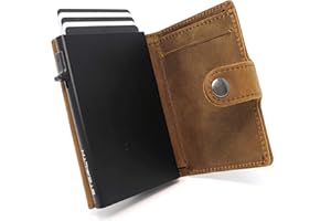 Stealth Wallet - Porte-Cartes Minimaliste - Portefeuilles Pop-up avec Blocage RFID/NFC - Porte-Cartes de Crédit Léger avec Rangement pour Les Espèces (Noir Aluminium avec Cuir de Cheval Fou Brun)