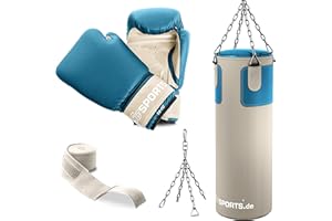 ScSPORTS Ensemble sac de frappe avec sac de frappe 25 kg avec gants de boxe, bandages de boxe et chaîne en acier 5 points Beige/pétrole