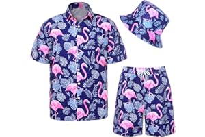 HARSEVER Men's Hawaiian Shirt and Shorts Set Casual Funky Beach Flamingo Shirt Set Beach Party Shirts Suits with Bucket Hat
