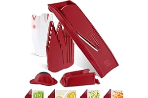 Börner Mandoline V1 (Set Professionnel) • Coupe Légumes + 4 Inserts, Porte-fruits, Station d'accueil, Boîte de Rangement • Mandoline Réglable • Tranches, Juliennes, Dés • Rouge