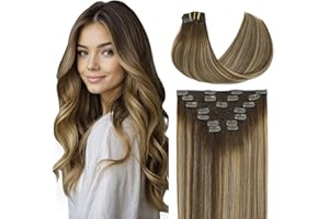 VINBAO Clip-In Real Hair Extensions, Balayage Chocolate Brown to Caramel Blonde, 55 cm, 160 g, Remy Clip-In Hair Extensions, 7 Pieces, #4/27/4