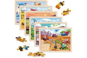 SYNARRY Wooden Vehicle Puzzles for Kids 3 4 5 6 7 8 Year Olds, 6 Packs 60 Piece Children’s Jigsaw Puzzles, Preschool Educational Toys Game Gifts for Toddlers Ages 4-8