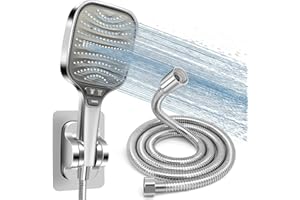 HNOOM Kit Doccia Completo, Soffione Doccia Quadrato 120mm Alta Pressione + Tubo 1.5M + Supporto Senza Fori, 8 Modalità, Anticalcare, Universale per Doccia Bagno（Argento）