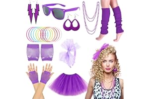 ANSAMY Disfraz de Accesorios Años 80 para Mujer, Accesorios de Neón Guantes Collares Pulseras Pendientes Gafas Diadema y falda Tutu, para Rockstar, Carnaval, Halloween Temática Fiestas Disfraz de Neón