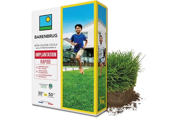 BARENBRUG - Gazon Implantation Rapide - Germination en 7 Jours - Tapis Dense et Résistant - Autoréparation Naturelle - Engrais Compatible Agriculture Biologique - Fabriqué en France - 1KG