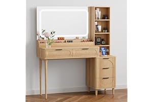 GENGKHAN Makeup Vanity Desk with Mirror and Lights, Modern Large Dressing Table with Charging Station, Features 5 Storage Drawers, Open Shelf, and Solid Wood Legs for Bedroom (Nature Oak)
