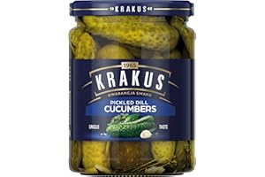 Krakus Pickled Dill Cucumbers - Sweet & Sour Taste - Crispy Gherkins - Delicious Condiment - Ready to Serve - 490g Glass Jar