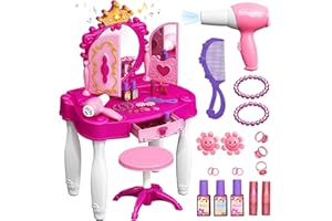 RLS Kids Vanity Table & Chair Set Toy- Princess Glamour Makeup Dresser with Triple Mirror, Working Toy Hair Dryer & Fashion Accessories – Pretend Play Beauty Set for Girls Ages 3+