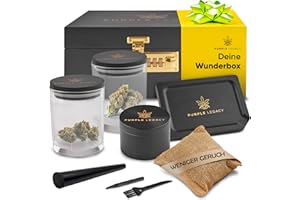 PURPLE LEGACY® Stash Box Abschließbare Box aus Kiefernholz mit Zahlenschloss | Rolltablett Rolling Tray Set und 2x Stash Jar | Grinder Set | Roll-Box mit Schloss
