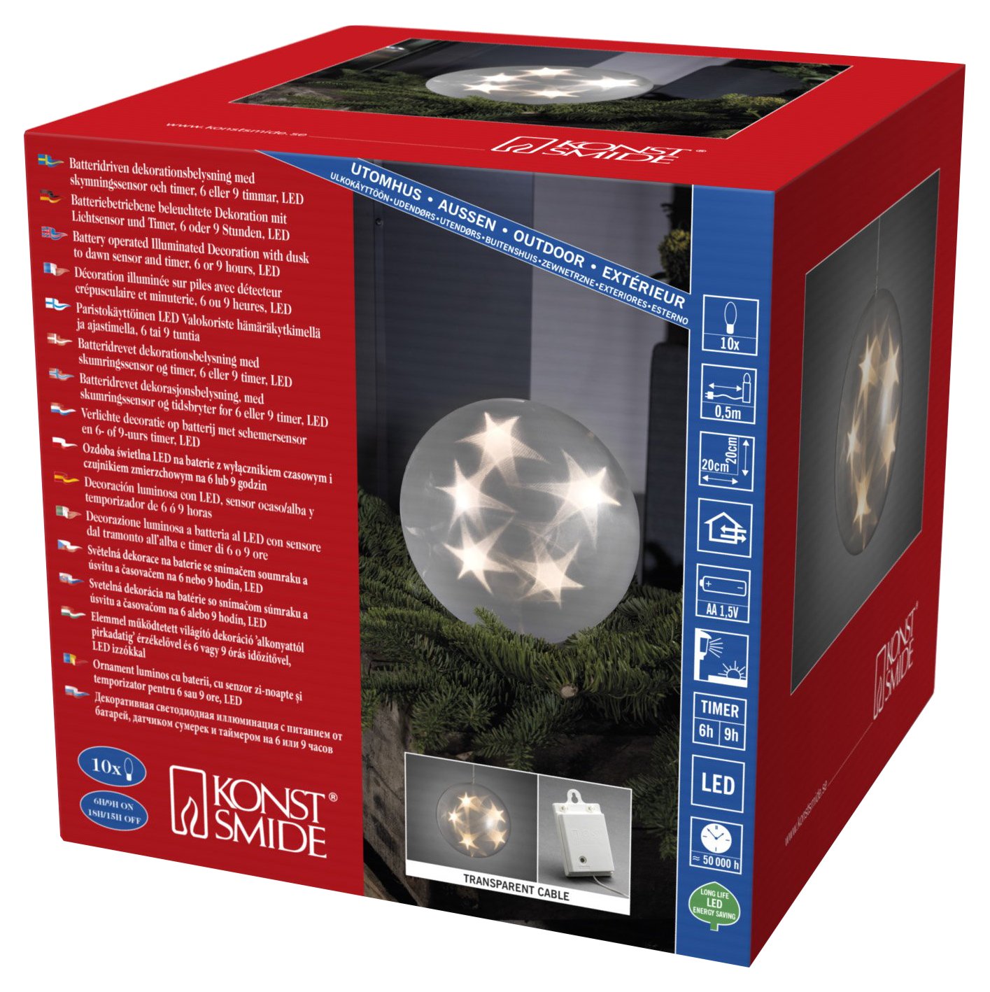 Konstsmide Decorazione Natalizia LED Fiocco Di Neve Acrilico - 42 Diodi Bianco Caldo, Timer, Batteria, IP44