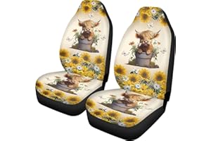 INSTANTARTS Scottish Highland Cow Car Seat Cover, Universal 2 Piece Car Interior Protective Cover, Fashionable Elastic Car Front Seat Decorative Cover, Car Accessories