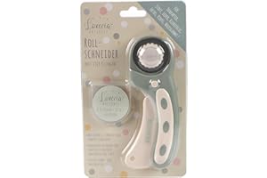 Loveria Rollschneider Stoff und Papier, 45mm Edelstahl | 4 Ersatzklingen, Ergonomischer Griff Rechts- und Linkshänder, Sicherheitsfunktion| Klingen für Geraden, Wellenschnitt, Perforationsschnitt