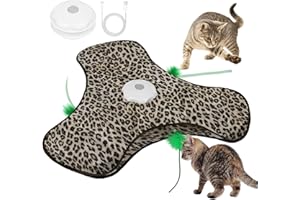 AUYAO Juguete Interactivo para Gatos, Juguete de Eléctrico Recargable para Gatos, Activación Táctil con Sonidos del Ratón, Pluma Móvil, Chirping, Tres Modos, Estampado de Leopardo