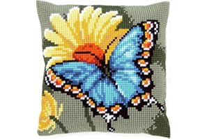 Vervaco Kit de Punto de Cruz: Cojín: Mariposa y Flor Amarilla, Algodón, écru, 40 x 40 cm