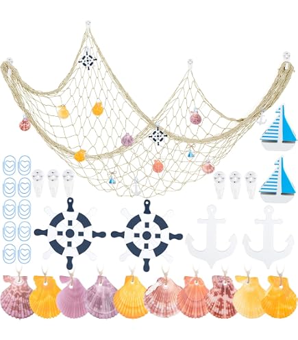 Filet De Pêche Décoratif 2x1.5m Avec Accessoires Nautiques (Voiliers, Ancres, Coquillages) - Décoration Murale Style Bord De Mer - 9