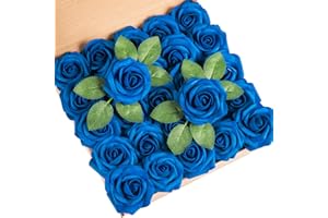 DuHouse 25 rose artificiali con steli fiori di rosa in schiuma per bouquet di nozze fai da te baby shower centrotavola decorazione casa (blu reale)