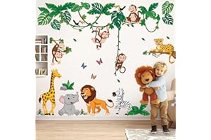 DECOWALL DS12-8069 Jungle Animals Cartoon Wall Stickers Elephant Giraffe Lion Safari Decals for Baby Nursery Kids Room Bedroom Living Room Wall Décor