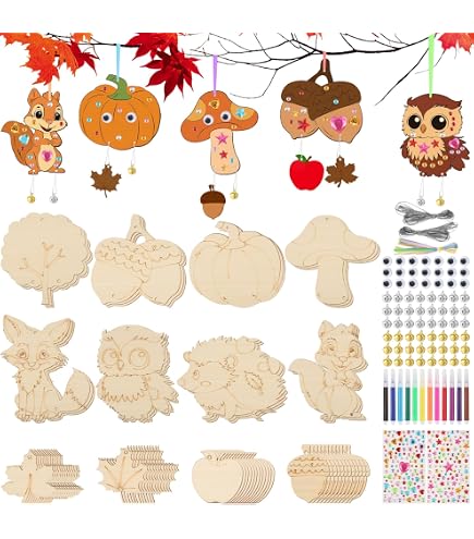 Ntwdby 48 Pezzi Kit Lavoretti Autunnali Per Bambini – Foglie E Animali In Legno Da Colorare – Fai Da Te Creativo