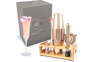 FABV Juego para Hacer cócteles – Juego de cóctel Listo para Regalo con Libro de Recetas – Juego de cóctel de Cobre Rosa de Lujo con Soporte y coctelera Boston – Kit Completo de Barman para el hogar y