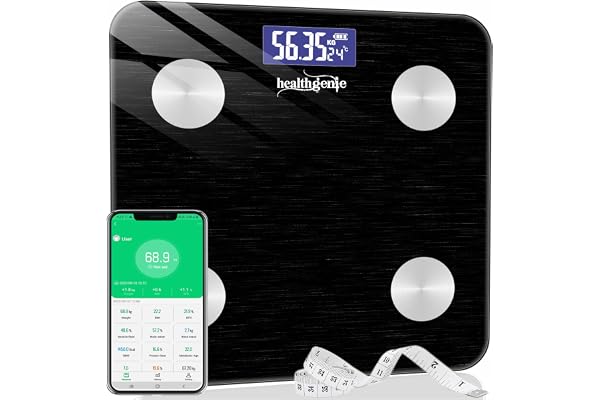 Healthgenie Advanced BMI Weight Machine,Body Fat Analyzer With Smart Circut For Longer Battery, Sync With App, 18 Body Metrics Weighing Scale (Midnight Shadow)1 YR Warranty,Free Assorted MeasuringTape