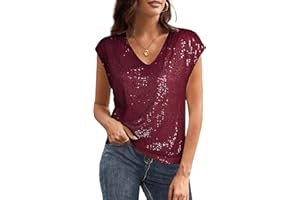GRACE KARIN Damen Pailletten Bluse V-Ausschnitt Glitzer Oberteile Kurzarm Vintage Paty-Bluse Cocktail Club Night Outfits