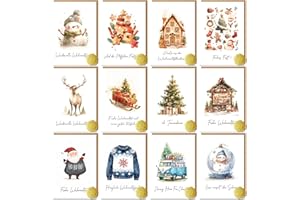 Vielucks 12 x Weihnachtskarten Geschenkset - DIN A6 - Original - inkl. Umschlag und Aufkleber, Weihnachtskarte mit Sprüche Dankeskarten Christmas Postkarten, Schön Weihnachtskarten mit Umschlag Set