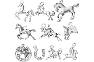 UR URLIFEHALL 100 Pcs 10 Styles Antique Silver Horse Charms Vintage Horseshoes Charms Pendants for Jewellery Making DIY Art Craft Projects