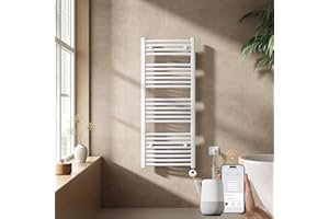 EMKE Handtuchheizkörper Elektrisch mit Thermostat 1200 x 500 mm, WiFi Intelligenter Gebogen Badheizkörper Elektrischer Handtuchwärmer Handtuchhalter mit Heizstab Weiß 500 Watt
